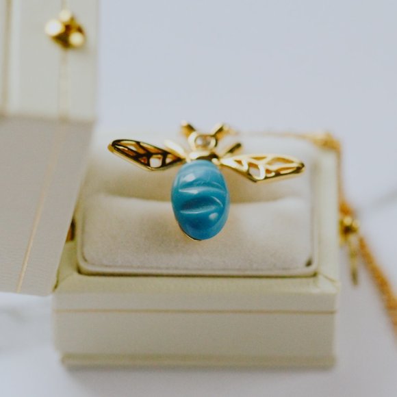 Gold Vermeil Necklace Natural Turquoise Stone Bee Animal Chain - Picture 5 of 6